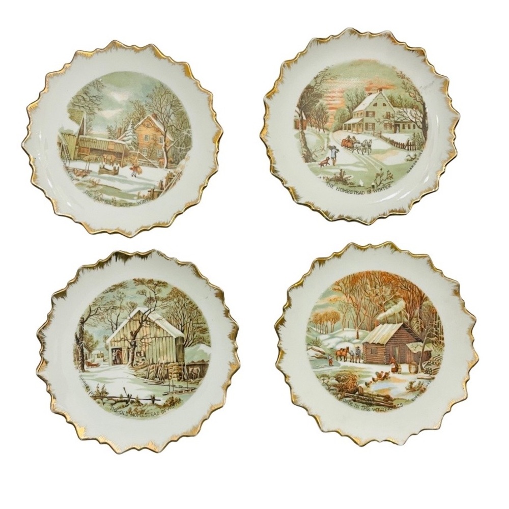 Vintage Set of 4 Gold Scalloped Edge Currier & Ives Dish Plates Made in Japan